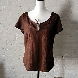 Linen Embroidery Semi-Fitted Brown Blouse